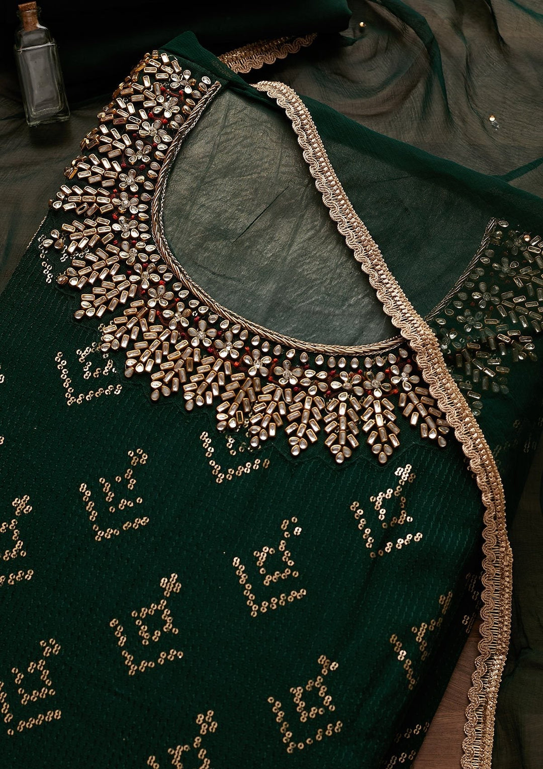 Bottle Green Stonework Georgette Designer Unstitched Salwar Suit - Koskii