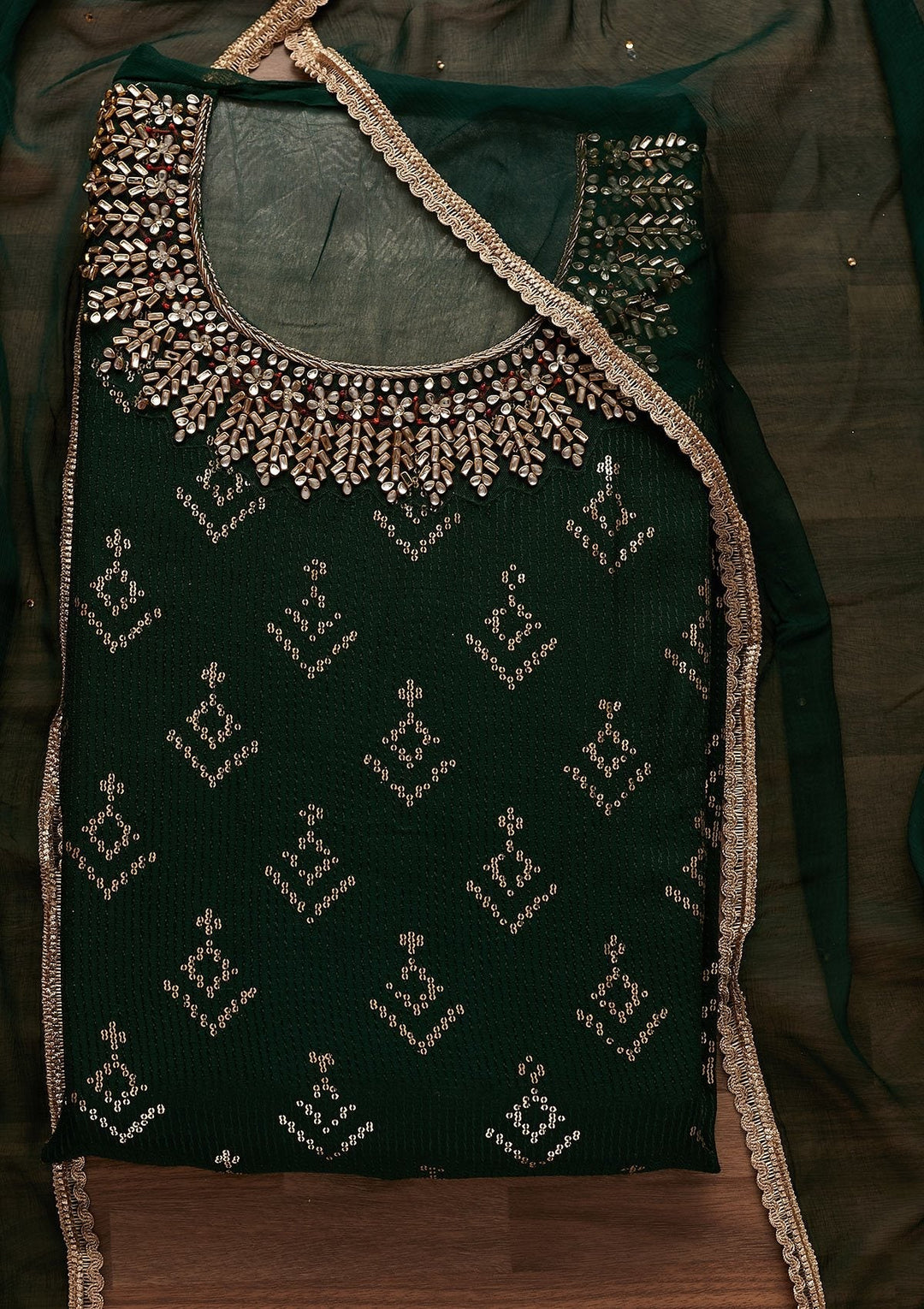 Bottle Green Stonework Georgette Designer Unstitched Salwar Suit - Koskii