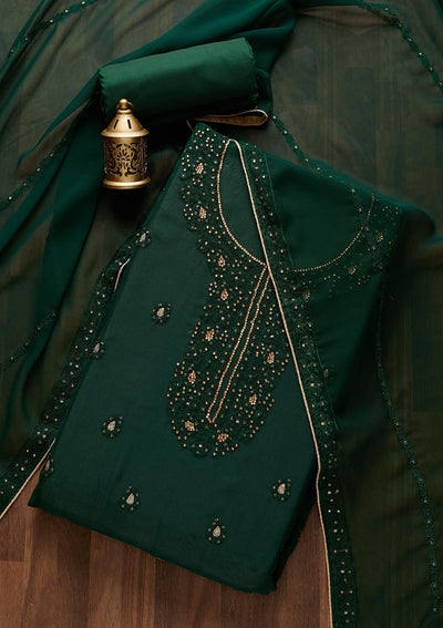 Bottle Green Stonework Georgette  Unstitched Salwar Suit- Koskii