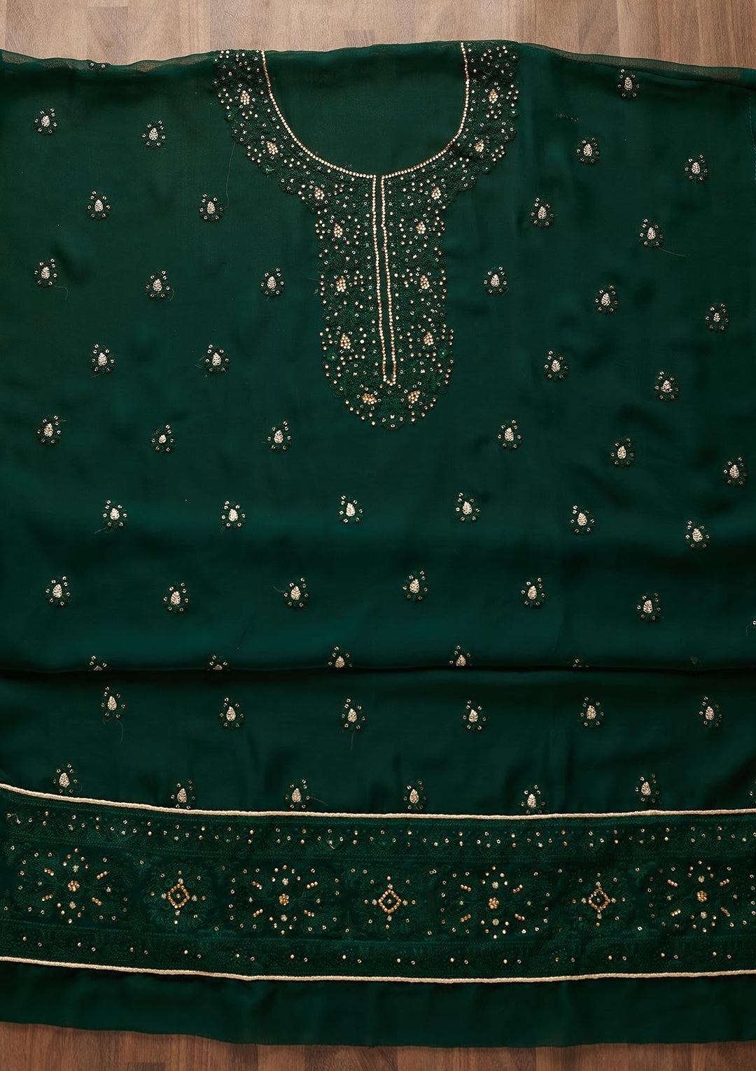 Bottle Green Stonework Georgette  Unstitched Salwar Suit - Koskii