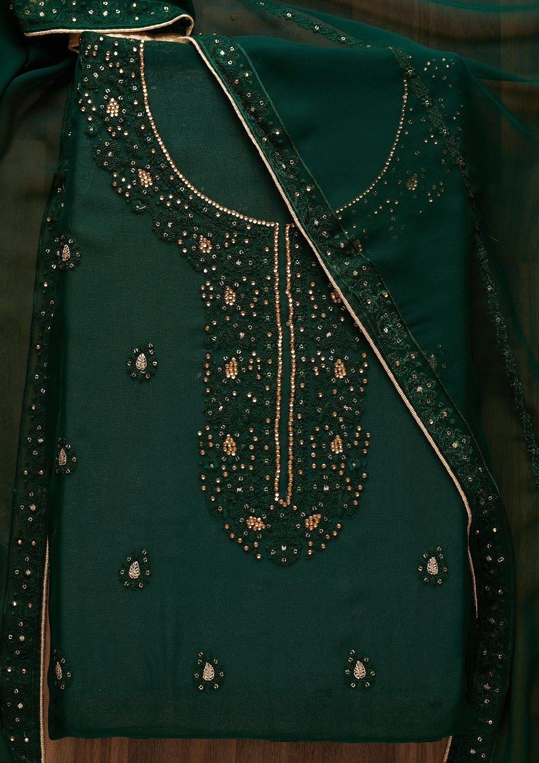 Bottle Green Stonework Georgette  Unstitched Salwar Suit - Koskii