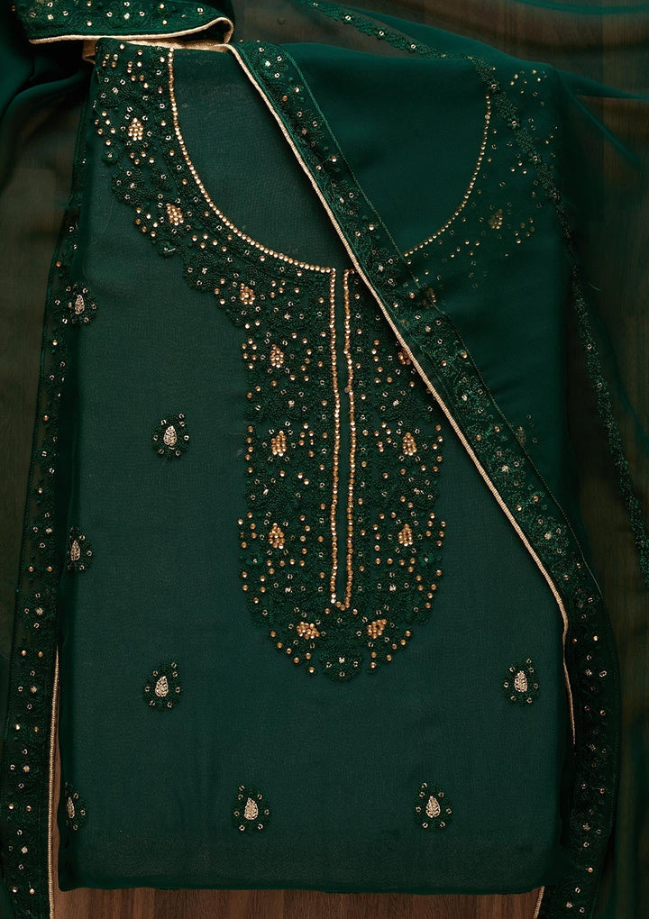 Bottle Green Stonework Georgette  Unstitched Salwar Suit - Koskii