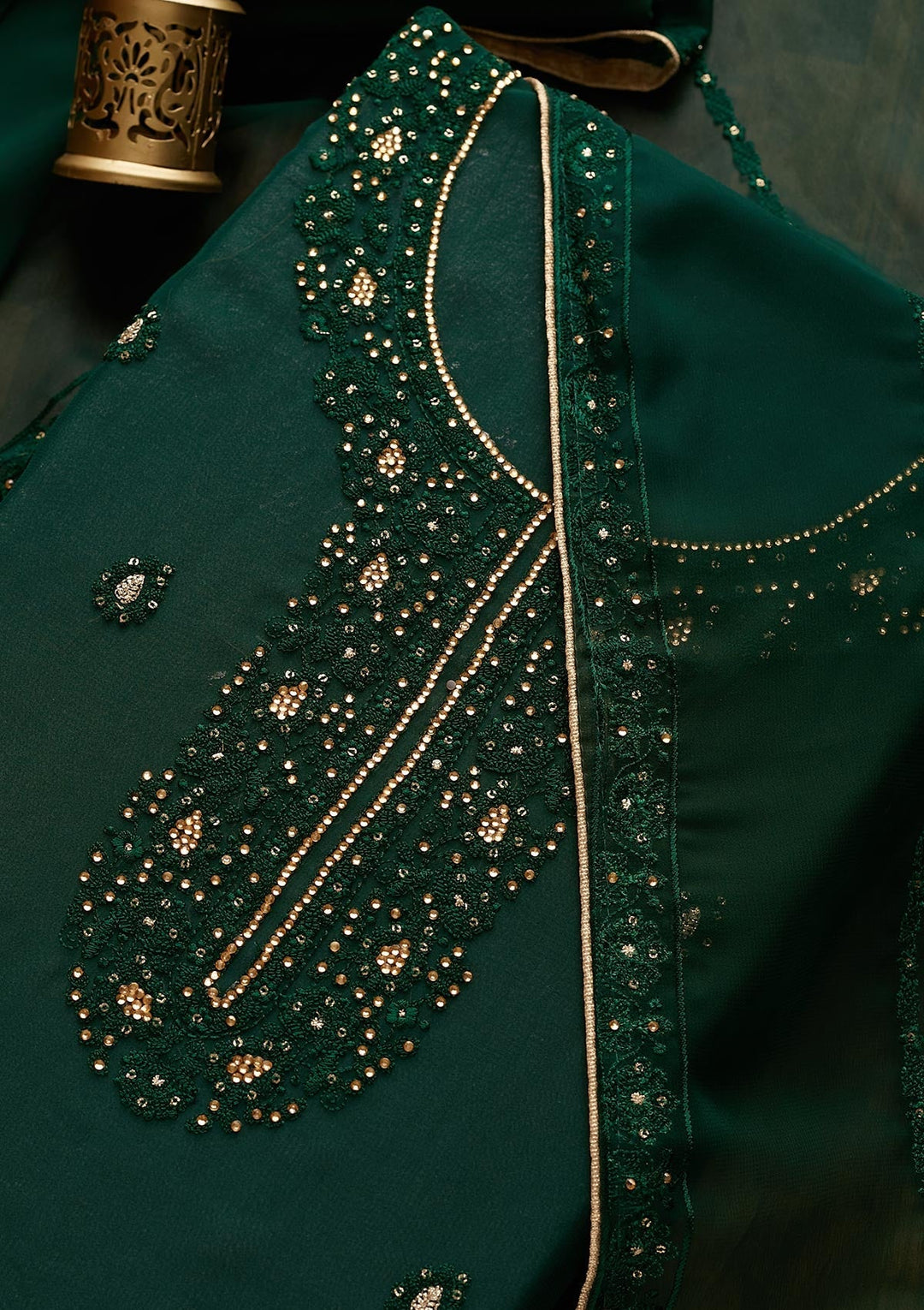 Bottle Green Stonework Georgette  Unstitched Salwar Suit - Koskii