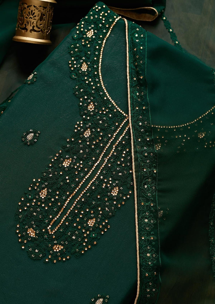 Bottle Green Stonework Georgette  Unstitched Salwar Suit - Koskii