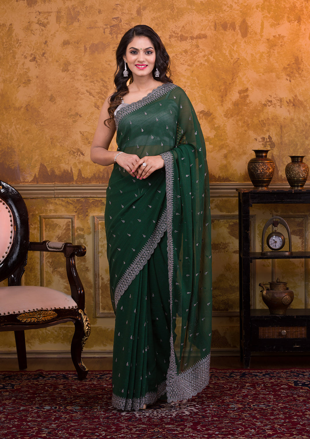 Bottle Green Stonework Georgette Saree-Koskii