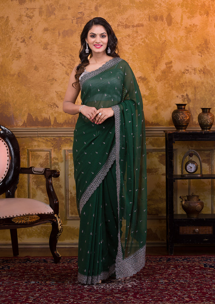 Bottle Green Stonework Georgette Saree-Koskii