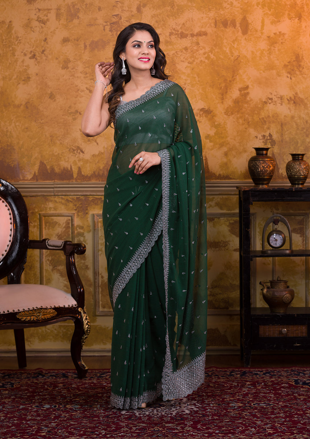 Bottle Green Stonework Georgette Saree-Koskii