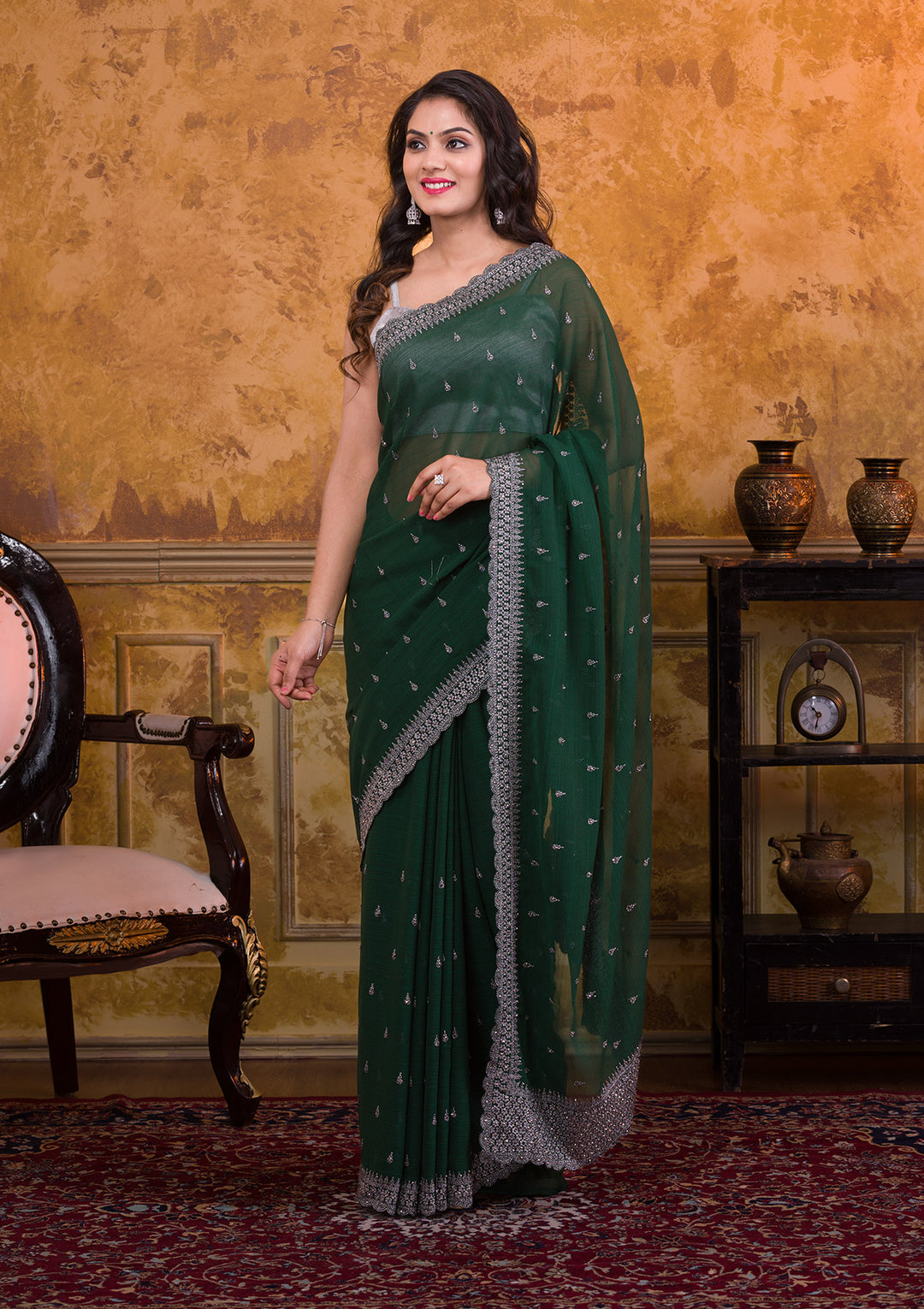 Bottle Green Stonework Georgette Saree-Koskii