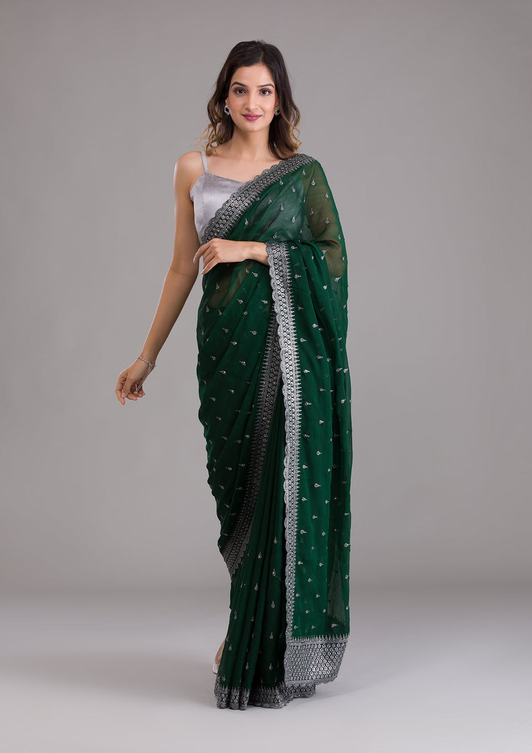 Bottle Green Stonework Georgette Saree-Koskii