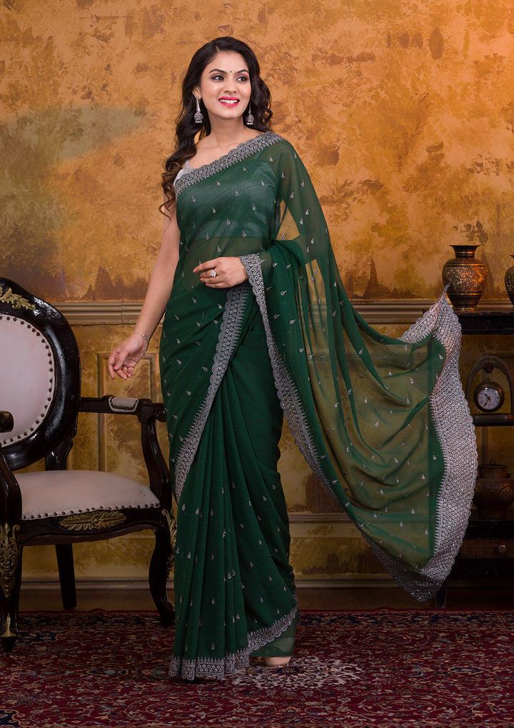 Bottle Green Stonework Georgette Saree-Koskii