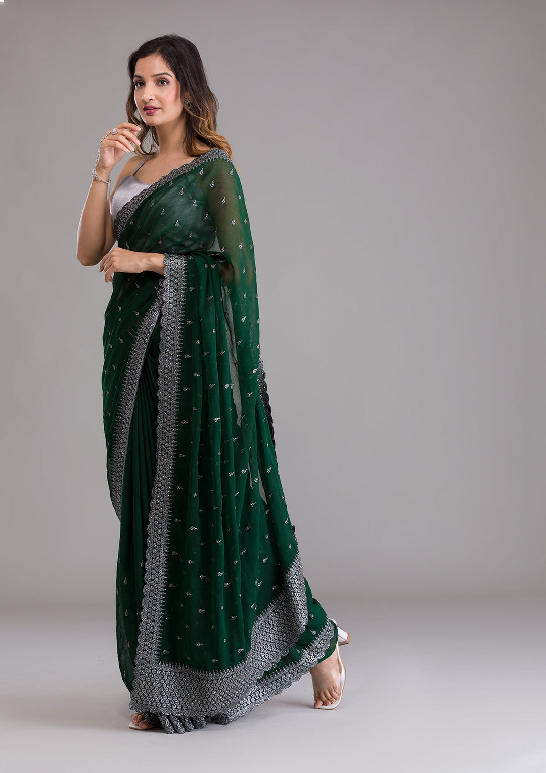 Bottle Green Stonework Georgette Saree-Koskii