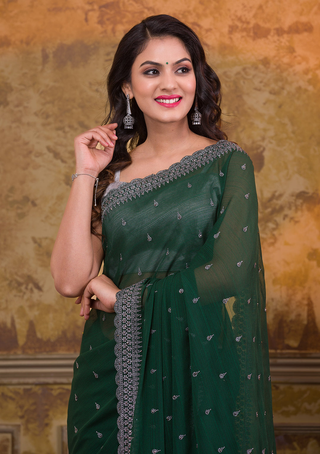 Bottle Green Stonework Georgette Saree-Koskii