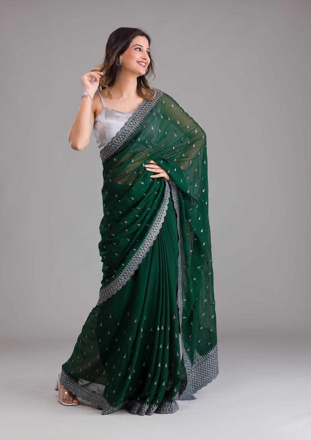 Bottle Green Stonework Georgette Saree-Koskii