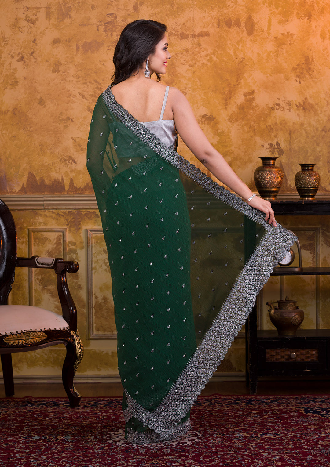 Bottle Green Stonework Georgette Saree-Koskii
