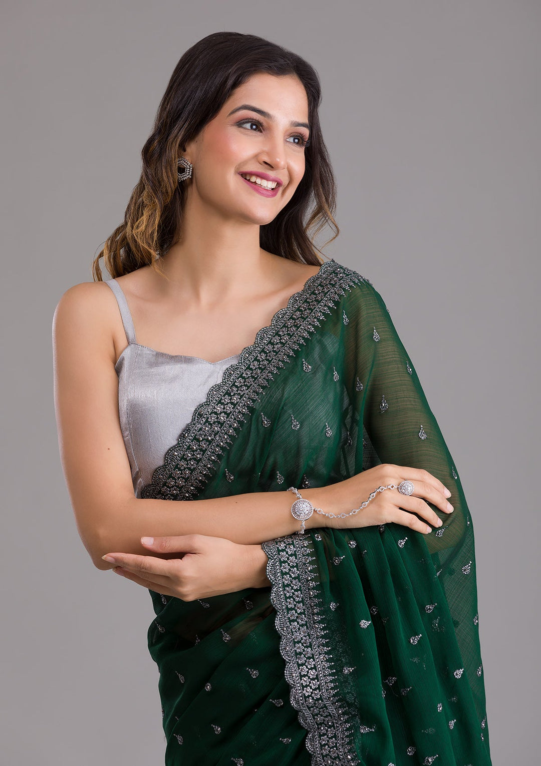 Bottle Green Stonework Georgette Saree-Koskii