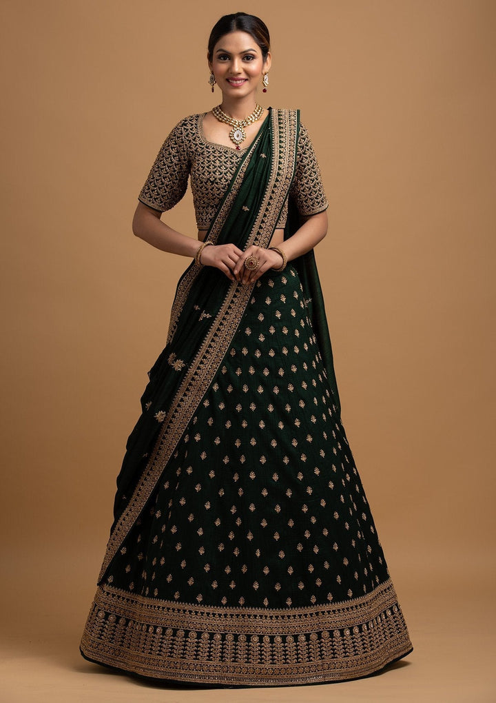 Bottle Green Stonework Raw Silk Designer Lehenga - koskii