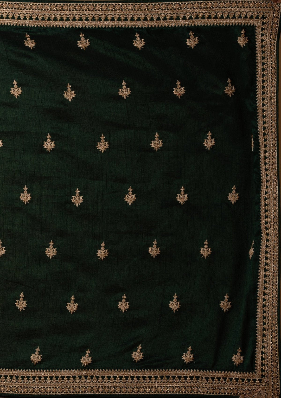 Bottle Green Stonework Raw Silk Designer Lehenga - koskii