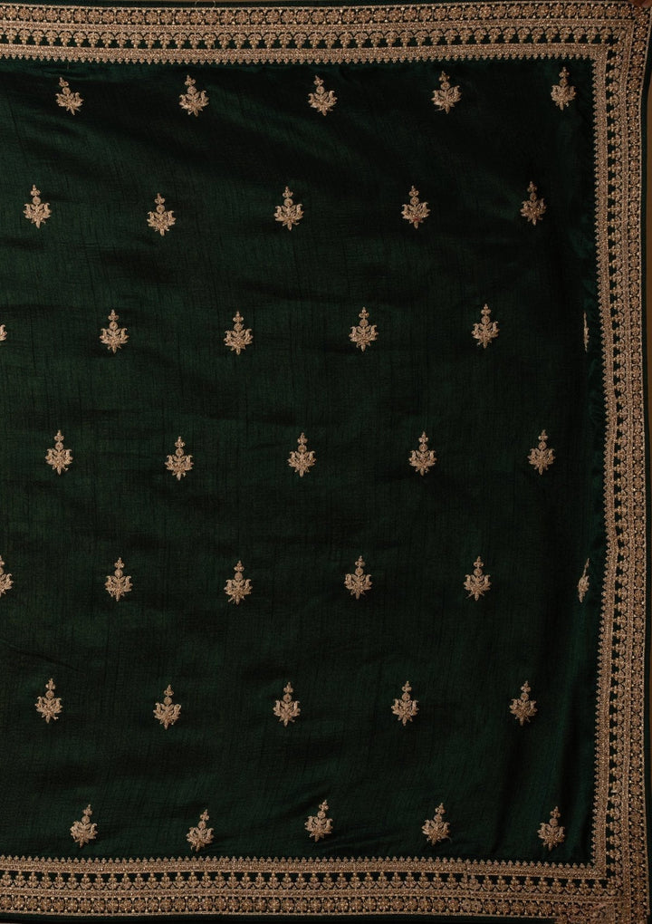 Bottle Green Stonework Raw Silk Designer Lehenga - koskii
