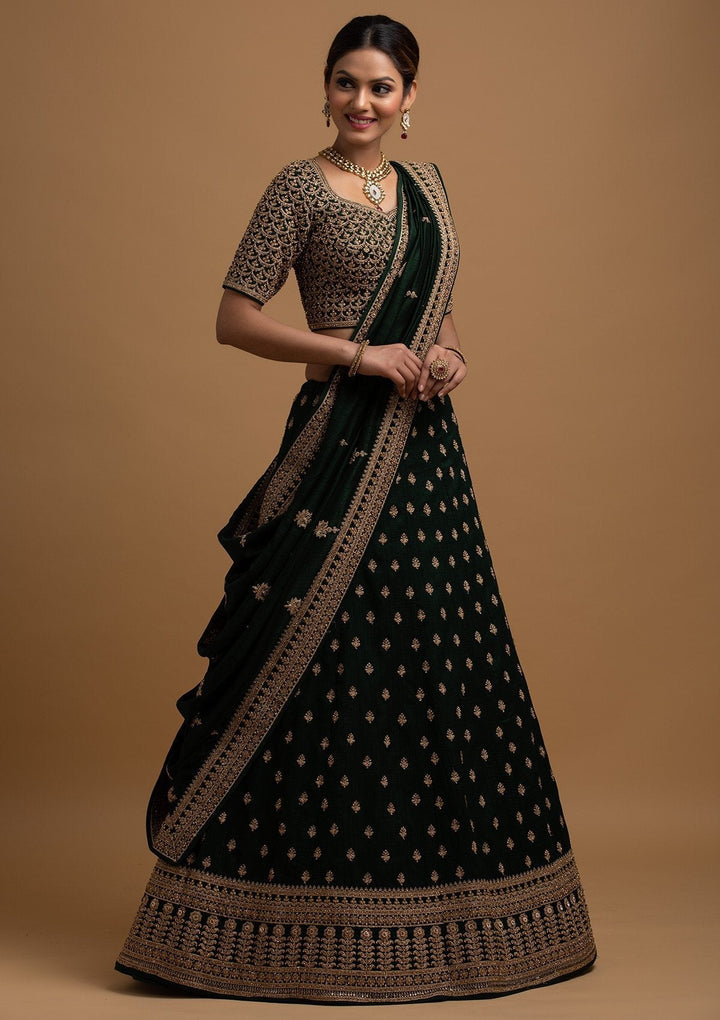 Bottle Green Stonework Raw Silk Designer Lehenga - koskii