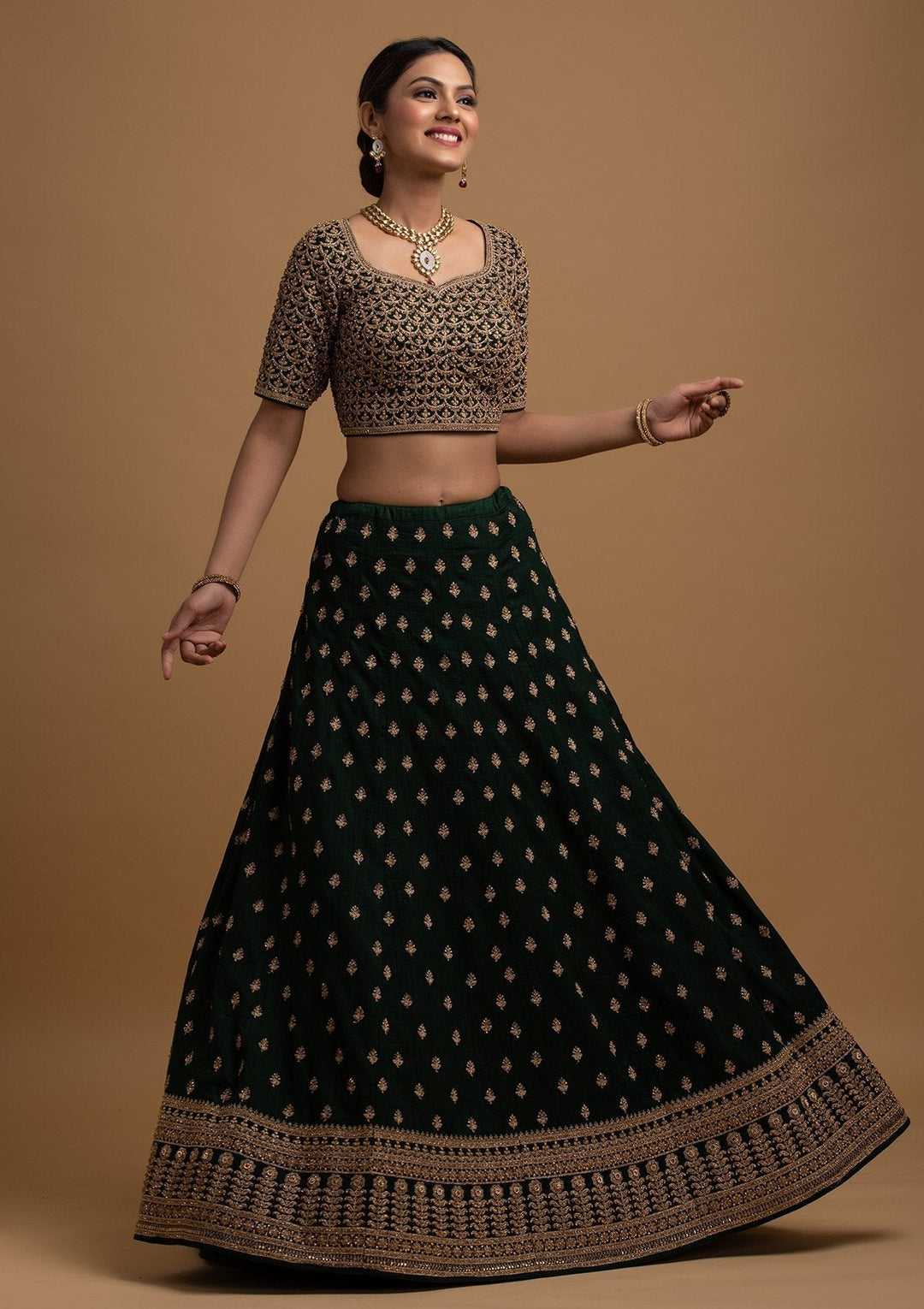 Bottle Green Stonework Raw Silk Designer Lehenga - koskii