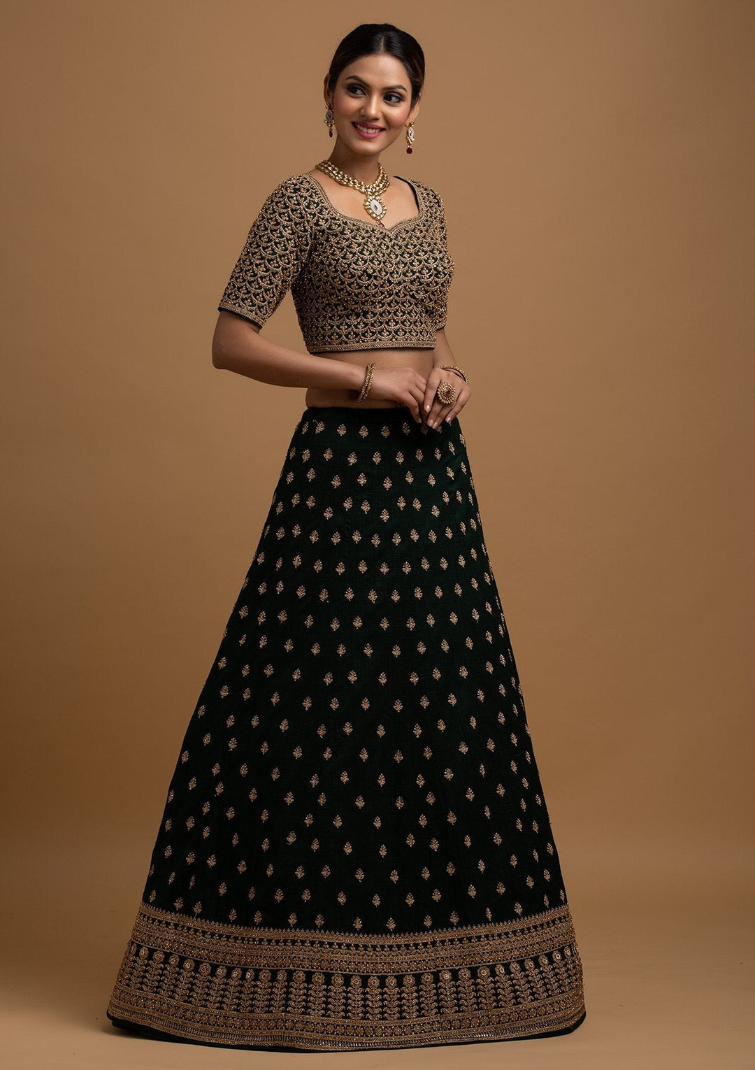 Bottle Green Stonework Raw Silk Designer Lehenga - koskii