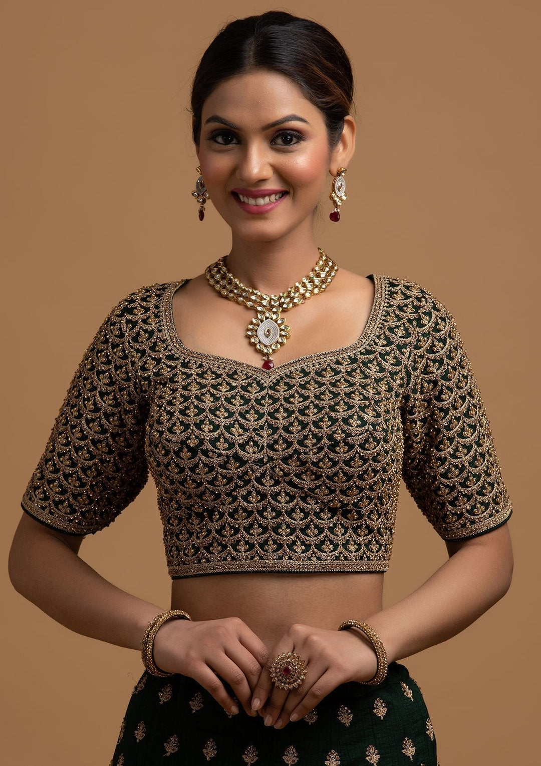 Bottle Green Stonework Raw Silk Designer Lehenga - koskii