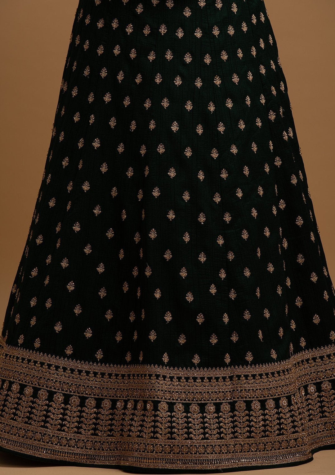 Bottle Green Stonework Raw Silk Designer Lehenga - koskii