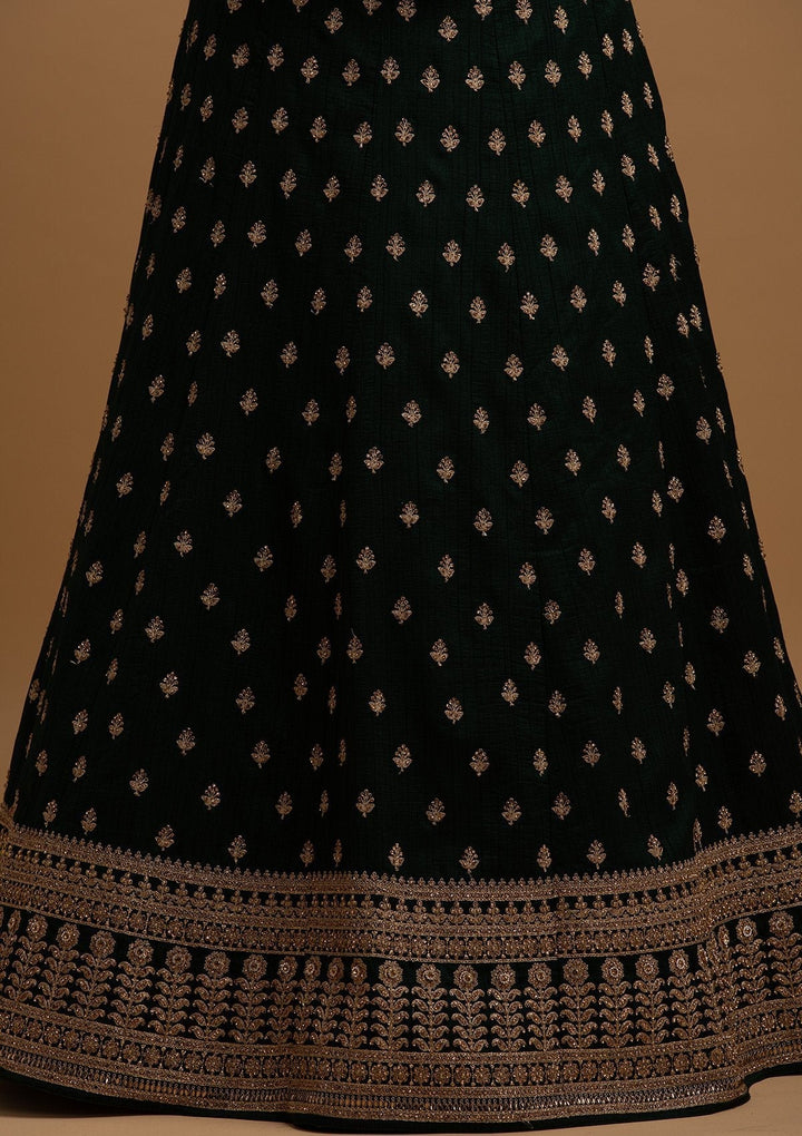 Bottle Green Stonework Raw Silk Designer Lehenga - koskii