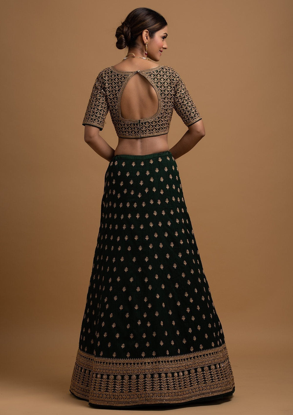 Bottle Green Stonework Raw Silk Designer Lehenga - koskii