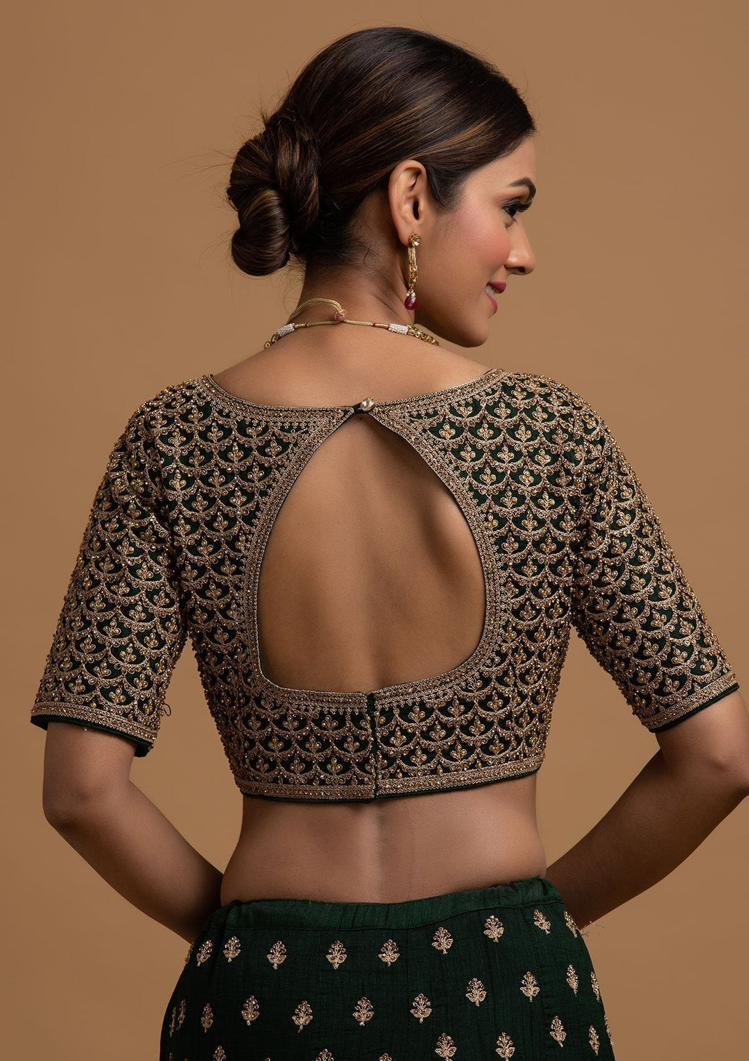 Bottle Green Stonework Raw Silk Designer Lehenga - koskii