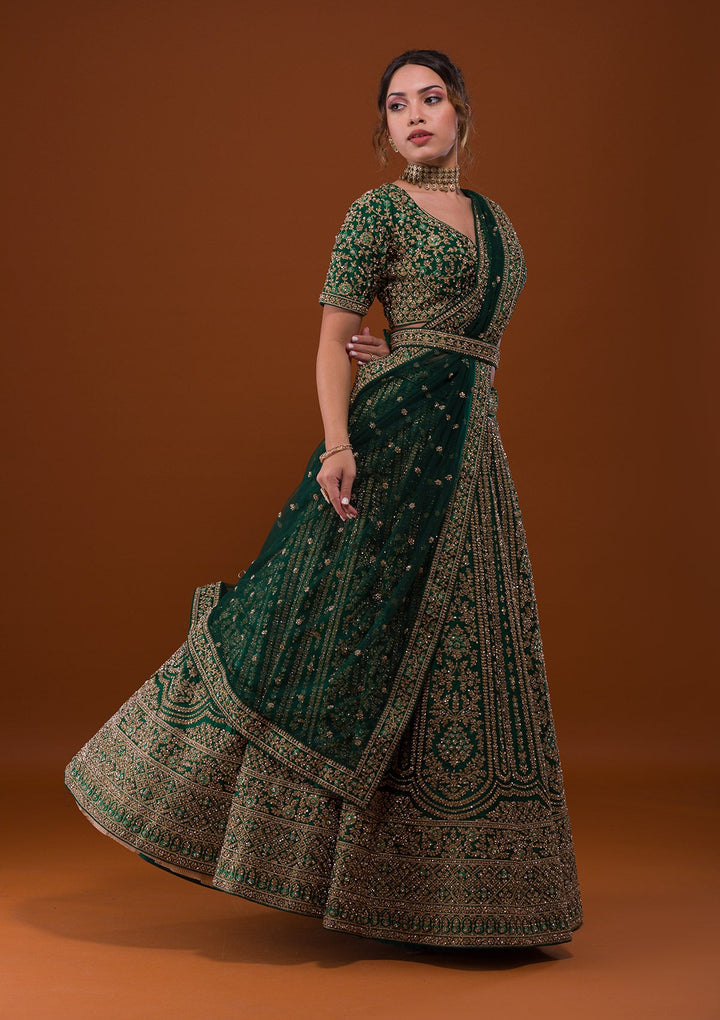 Bottle Green Stonework Raw Silk Designer Lehenga-Koskii