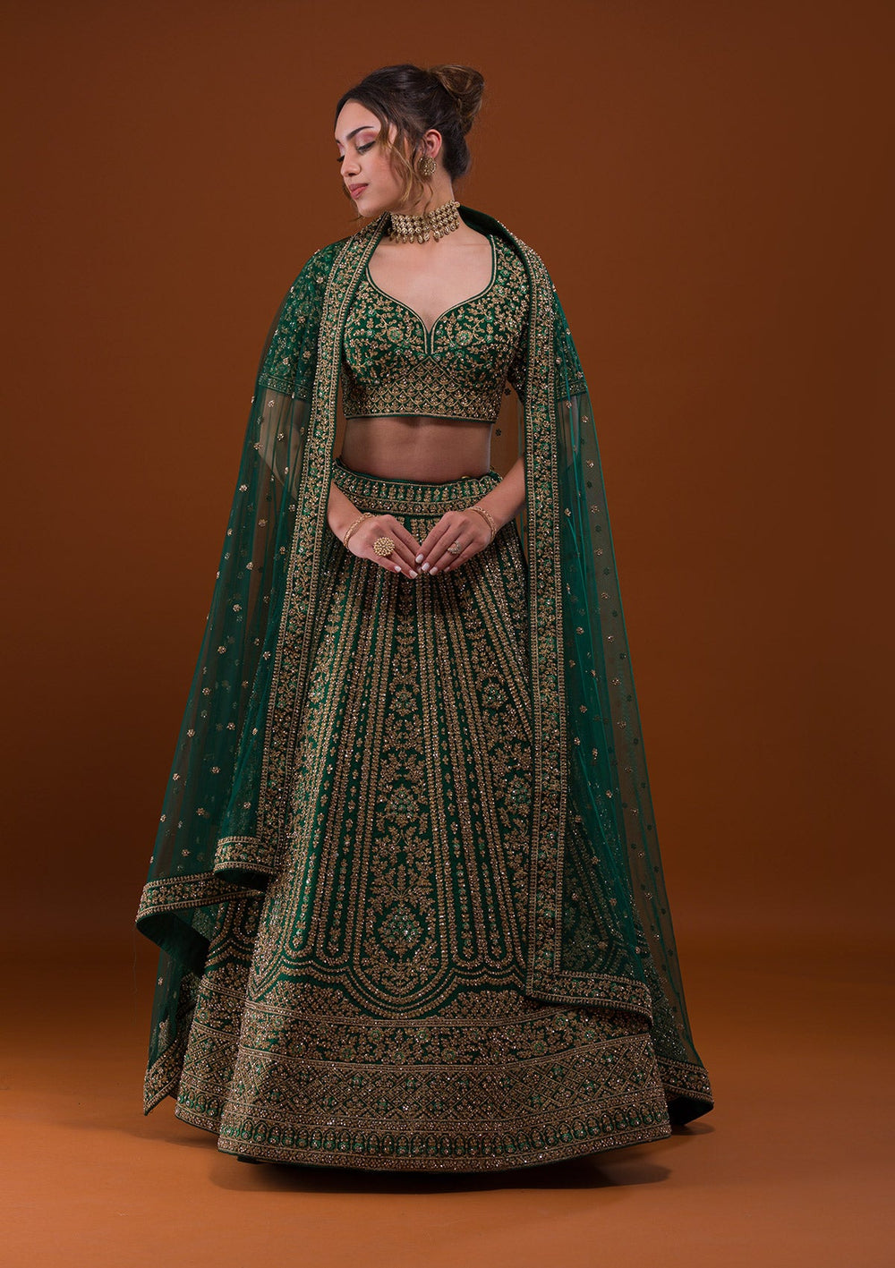 Bottle Green Stonework Raw Silk Designer Lehenga-Koskii