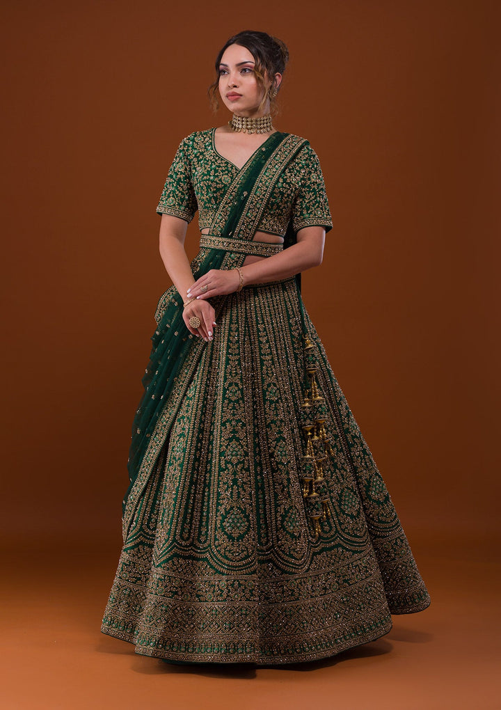 Bottle Green Stonework Raw Silk Designer Lehenga-Koskii