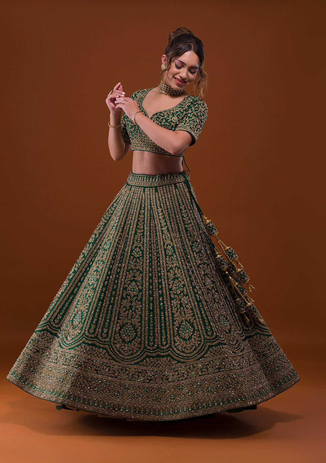 Bottle Green Stonework Raw Silk Designer Lehenga-Koskii