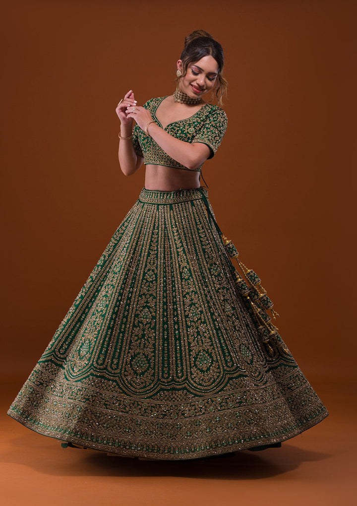 Bottle Green Stonework Raw Silk Designer Lehenga-Koskii