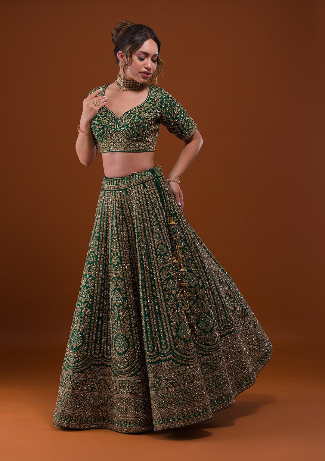 Bottle Green Stonework Raw Silk Designer Lehenga-Koskii