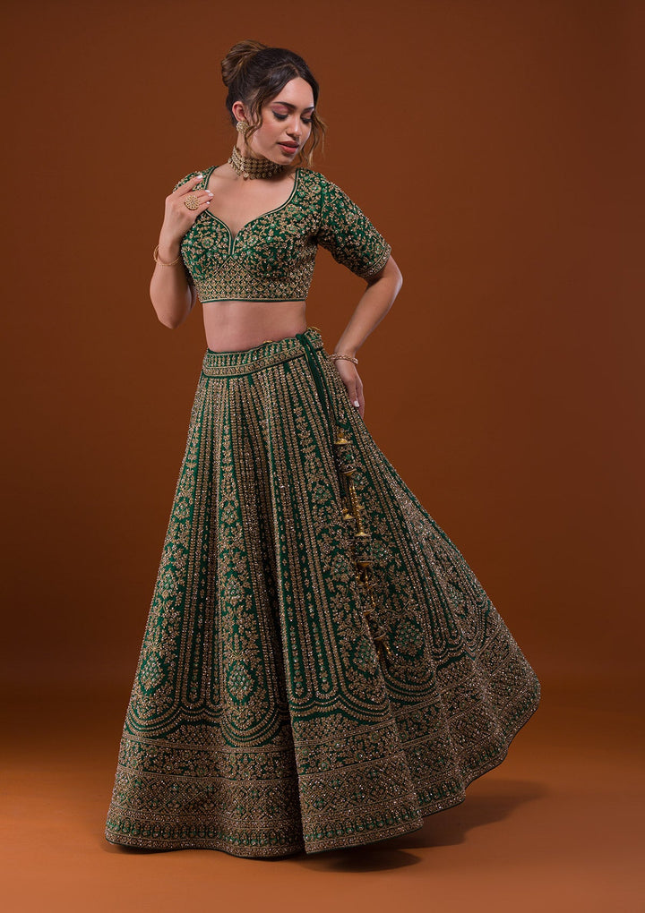 Bottle Green Stonework Raw Silk Designer Lehenga-Koskii