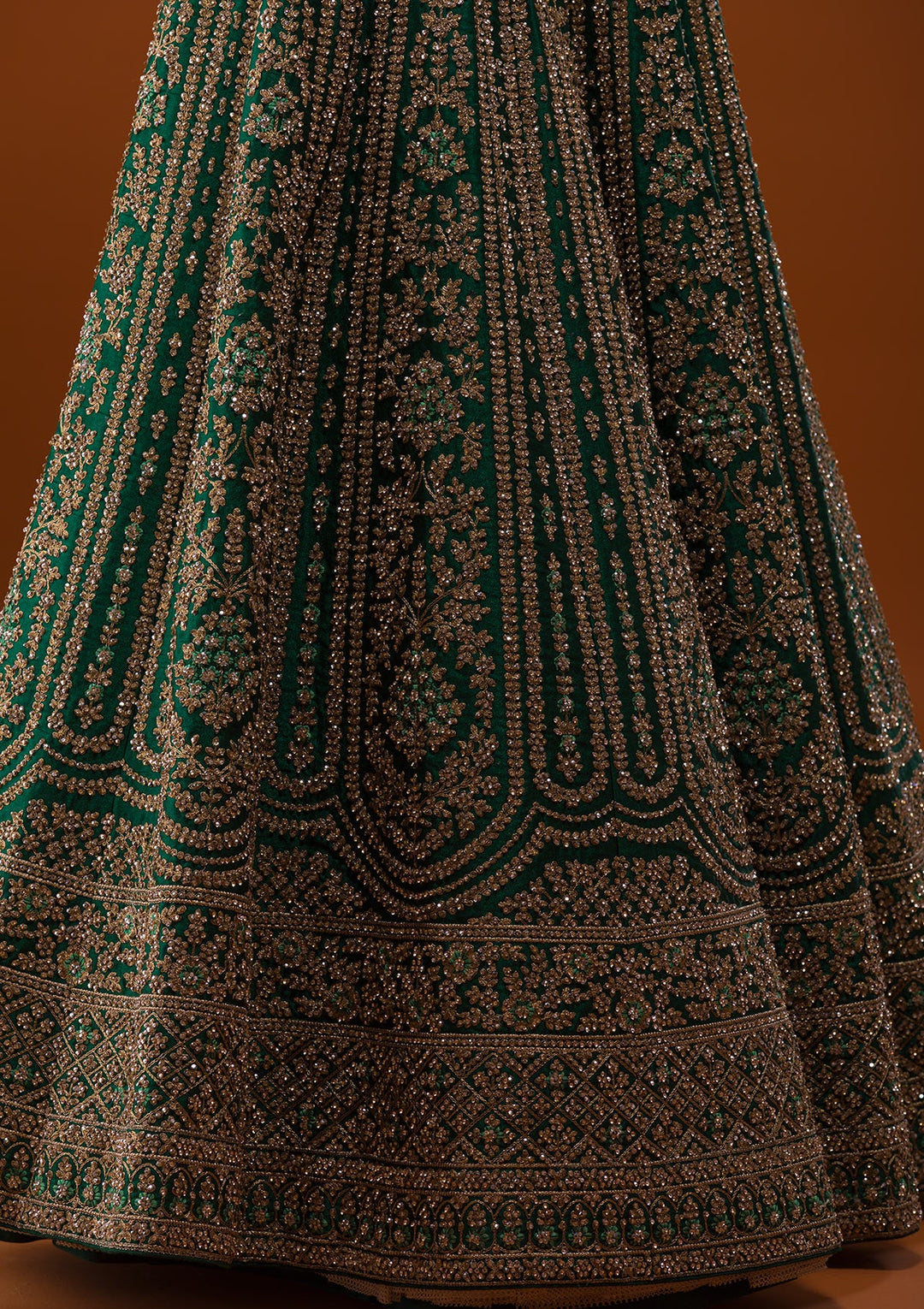 Bottle Green Stonework Raw Silk Designer Lehenga-Koskii
