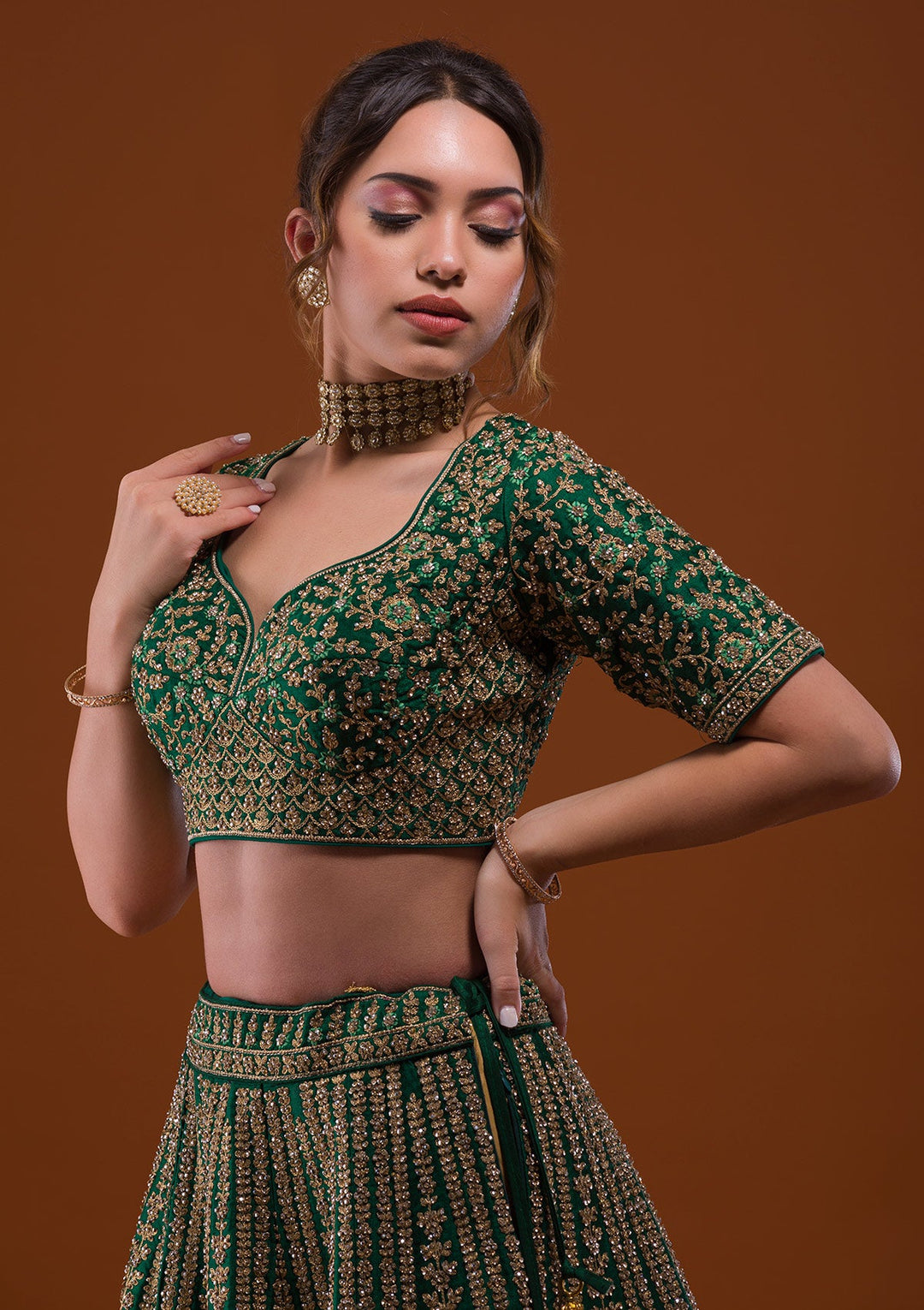 Bottle Green Stonework Raw Silk Designer Lehenga-Koskii