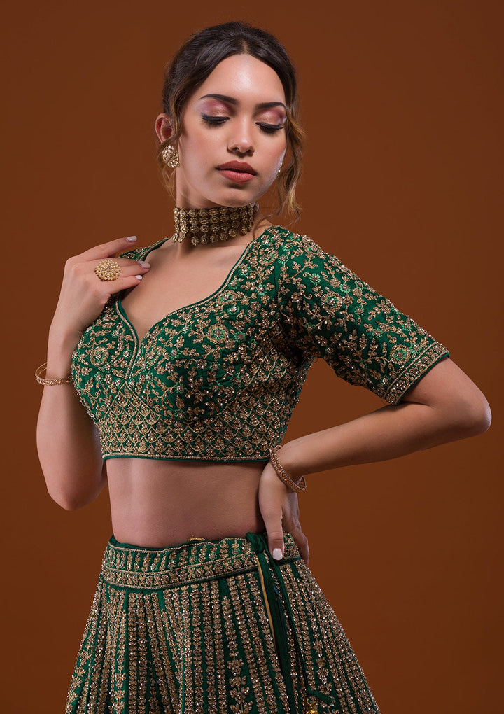 Bottle Green Stonework Raw Silk Designer Lehenga-Koskii