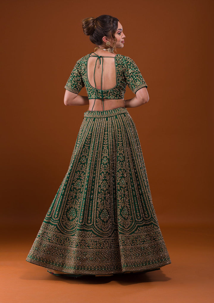 Bottle Green Stonework Raw Silk Designer Lehenga-Koskii