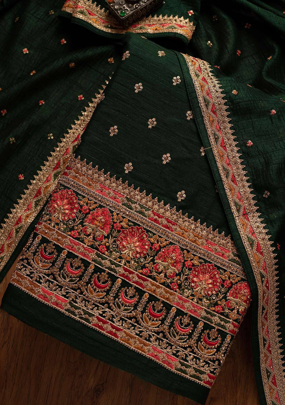 Bottle Green Stonework Raw Silk Designer Unstitched Salwar Suit - koskii