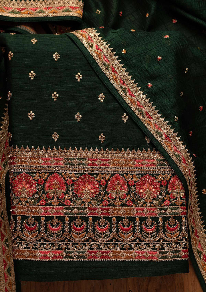 Bottle Green Stonework Raw Silk Designer Unstitched Salwar Suit - koskii