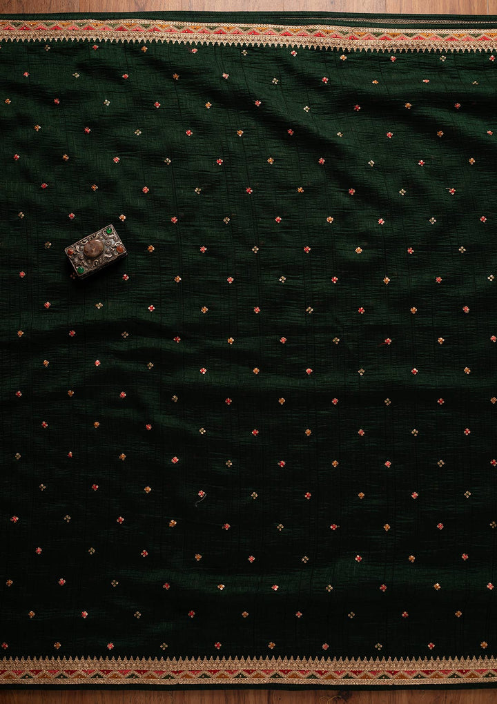 Bottle Green Stonework Raw Silk Designer Unstitched Salwar Suit - koskii