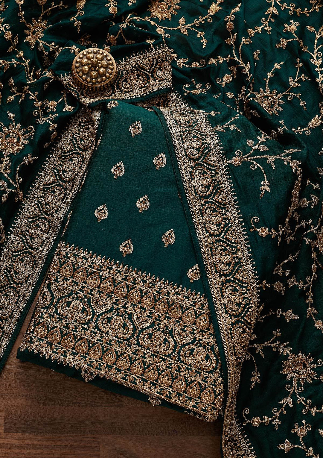 Bottle Green Stonework Raw Silk Designer Unstitched Salwar Suit - Koskii