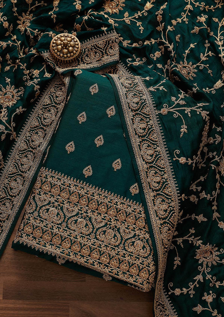 Bottle Green Stonework Raw Silk Designer Unstitched Salwar Suit - Koskii