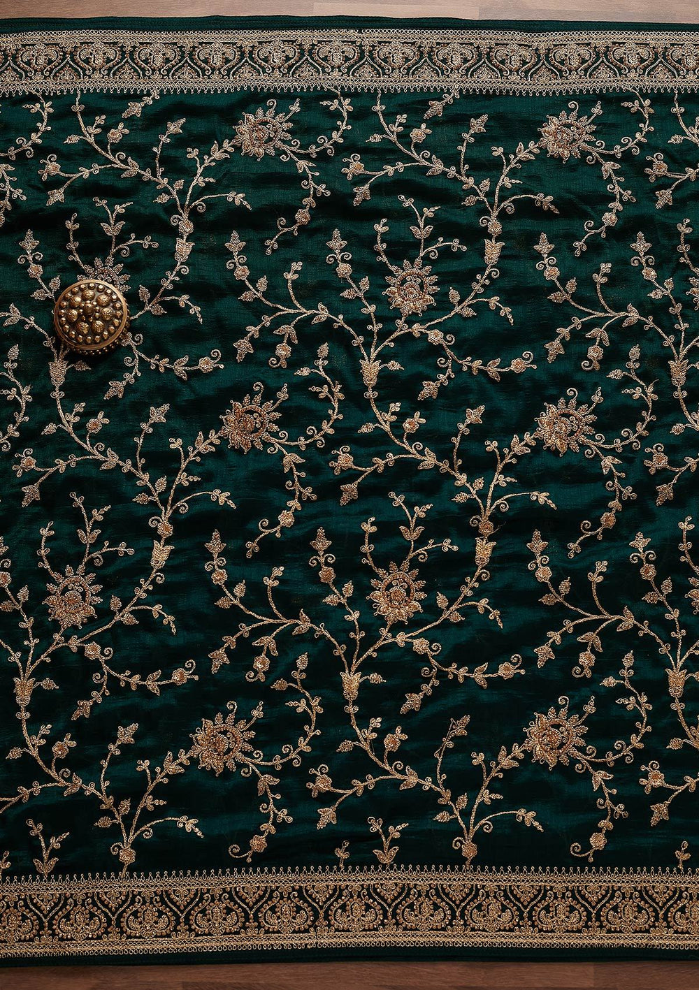 Bottle Green Stonework Raw Silk Designer Unstitched Salwar Suit - Koskii