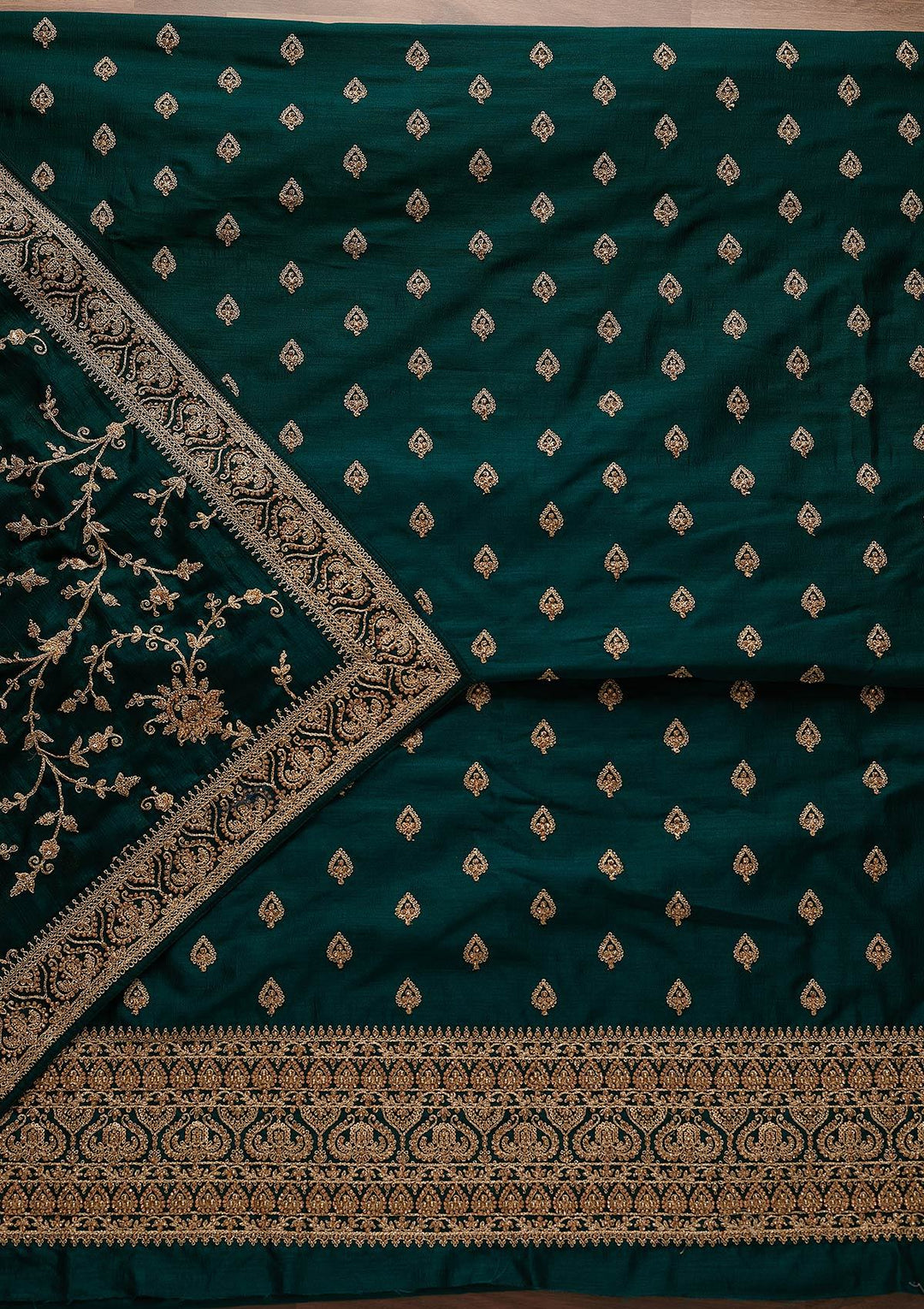 Bottle Green Stonework Raw Silk Designer Unstitched Salwar Suit - Koskii