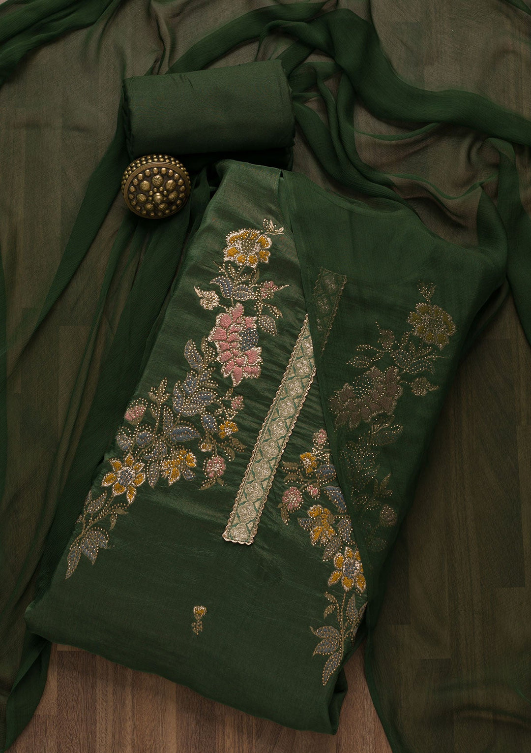 Bottle Green Stonework Raw Silk Unstitched Salwar Suit-Koskii