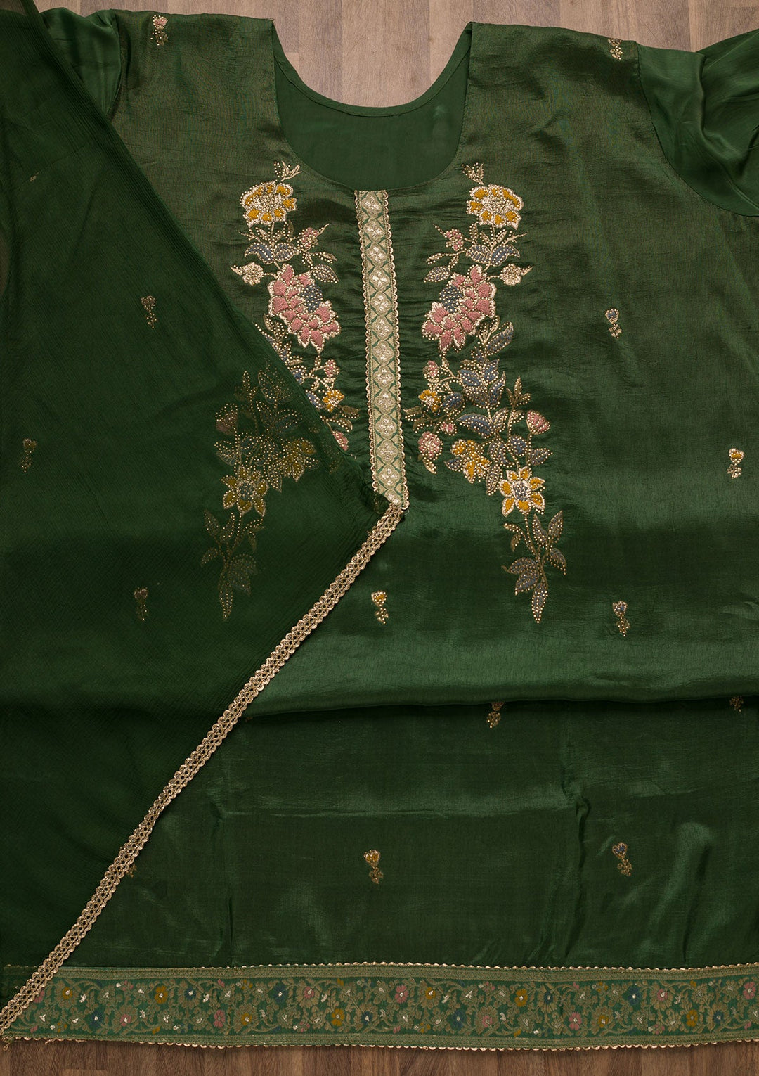 Bottle Green Stonework Raw Silk Unstitched Salwar Suit-Koskii